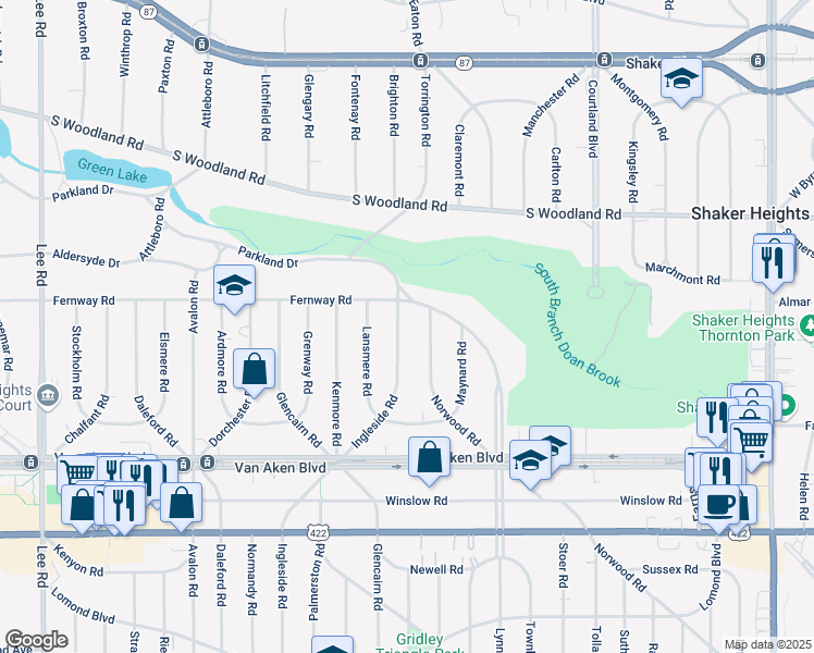 map of restaurants, bars, coffee shops, grocery stores, and more near 3275 Ingleside Road in Shaker Heights