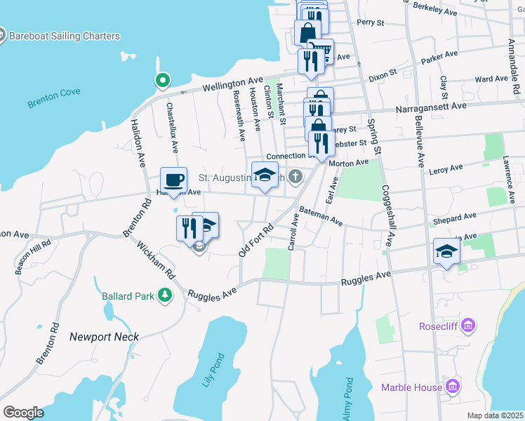 map of restaurants, bars, coffee shops, grocery stores, and more near in Newport
