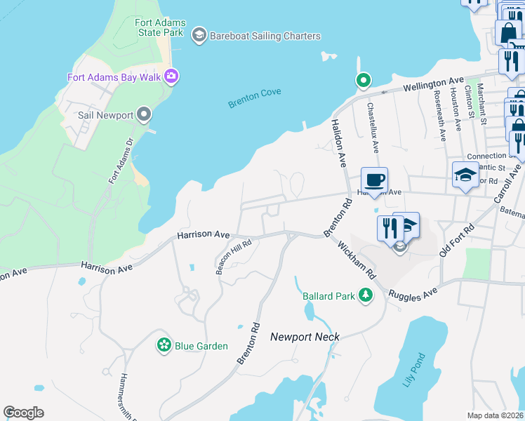 map of restaurants, bars, coffee shops, grocery stores, and more near 118 Harrison Avenue in Newport