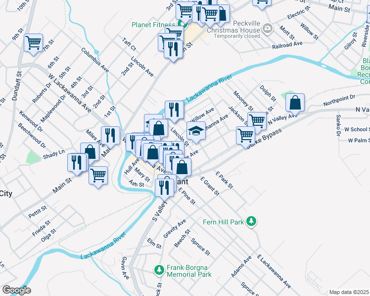 map of restaurants, bars, coffee shops, grocery stores, and more near 310 Lincoln Street in Olyphant