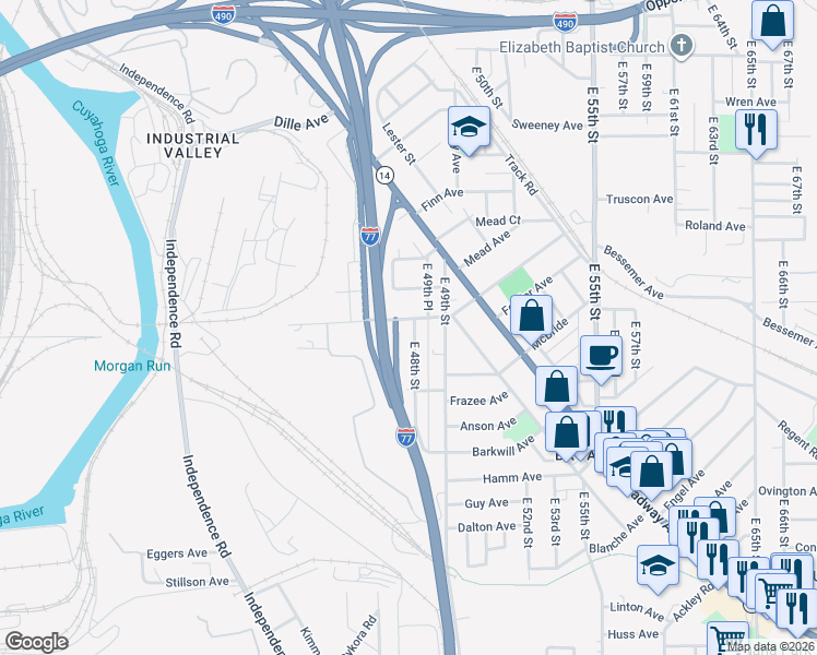 map of restaurants, bars, coffee shops, grocery stores, and more near 3222 East 48th Street in Cleveland