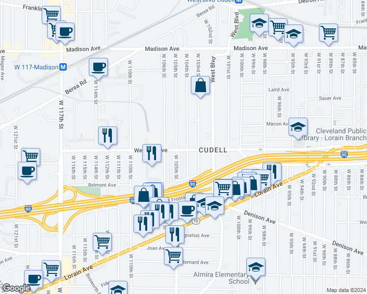 map of restaurants, bars, coffee shops, grocery stores, and more near 2235 West 104th Street in Cleveland
