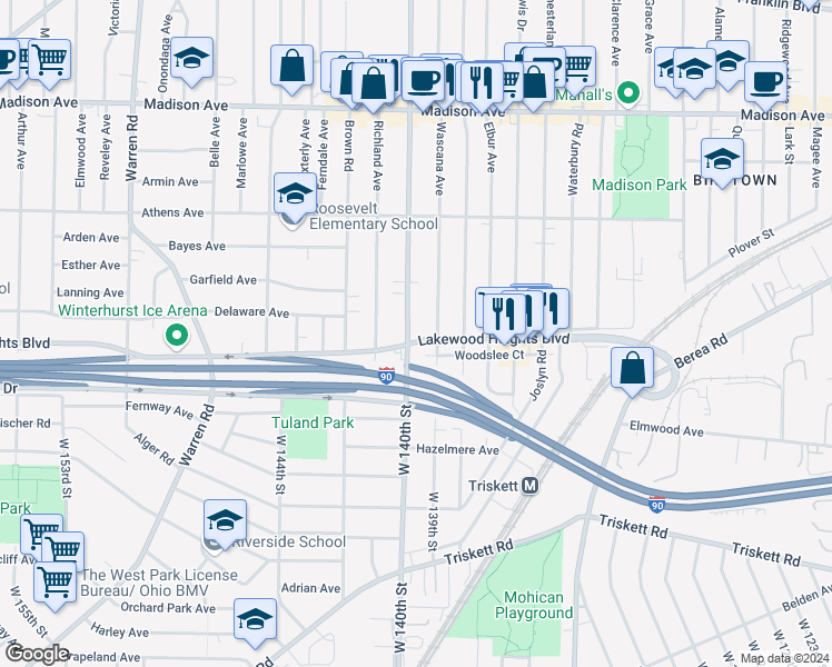 map of restaurants, bars, coffee shops, grocery stores, and more near in Cleveland