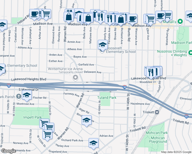map of restaurants, bars, coffee shops, grocery stores, and more near 2241 Lincoln Avenue in Lakewood