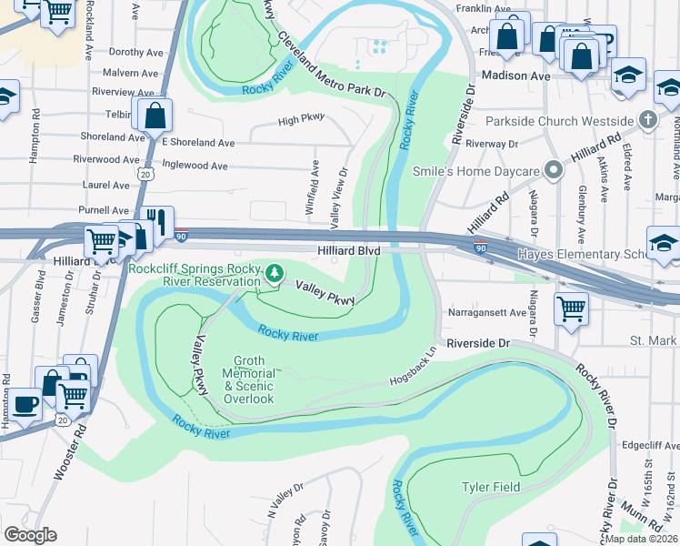 map of restaurants, bars, coffee shops, grocery stores, and more near 18501 Hilliard Boulevard in Rocky River