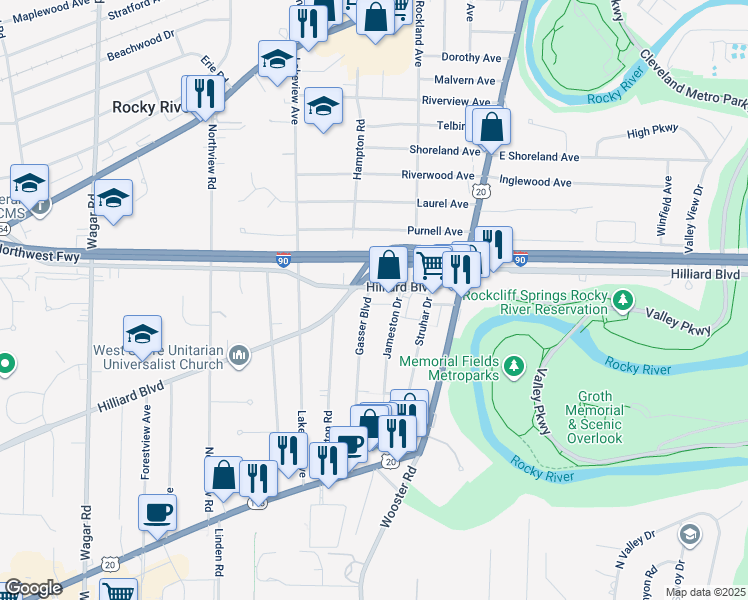 map of restaurants, bars, coffee shops, grocery stores, and more near 19657 Hilliard Boulevard in Rocky River