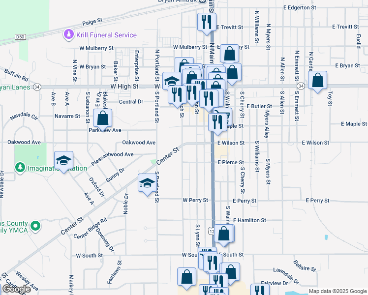 map of restaurants, bars, coffee shops, grocery stores, and more near 401 South Beech Street in Bryan