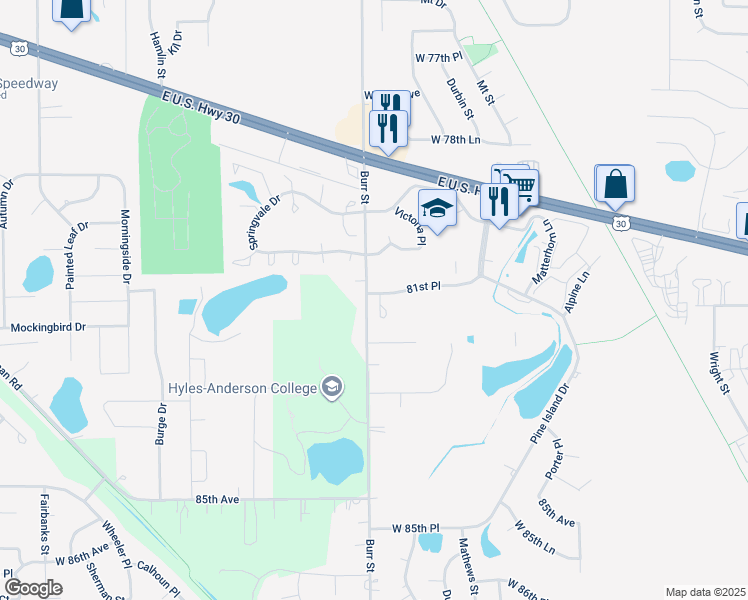 map of restaurants, bars, coffee shops, grocery stores, and more near 8149 Ralston Court in Crown Point