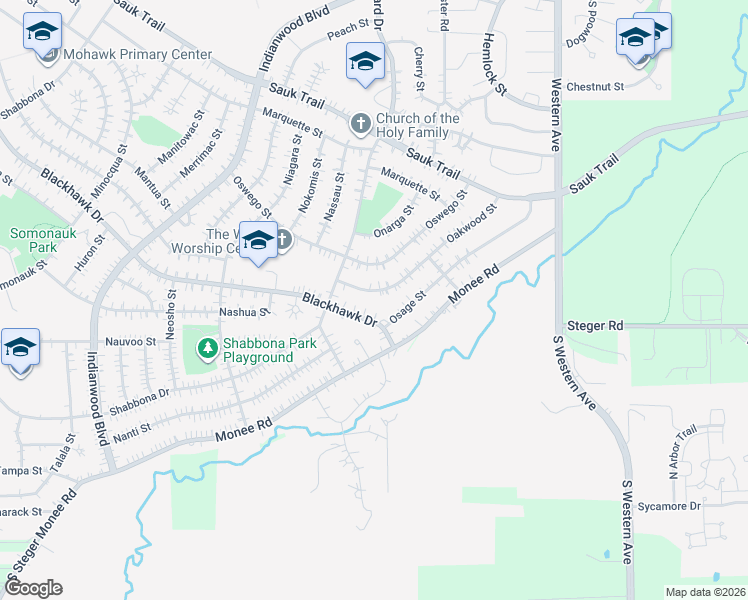 map of restaurants, bars, coffee shops, grocery stores, and more near 70 Blackhawk Drive in Park Forest
