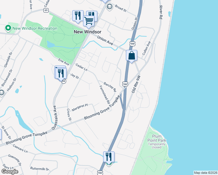 map of restaurants, bars, coffee shops, grocery stores, and more near 15 Barclay Road in New Windsor
