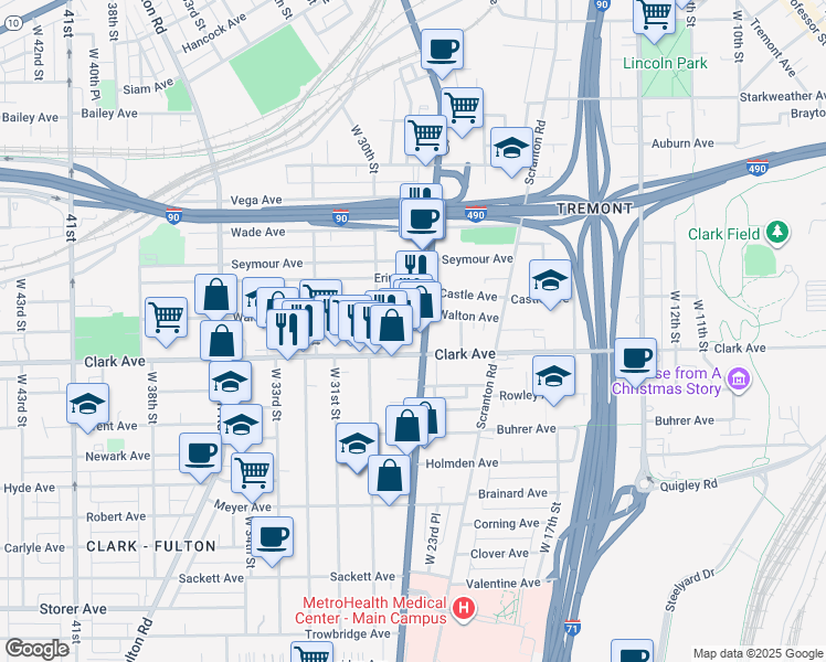 map of restaurants, bars, coffee shops, grocery stores, and more near 3044 West 25th Street in Cleveland