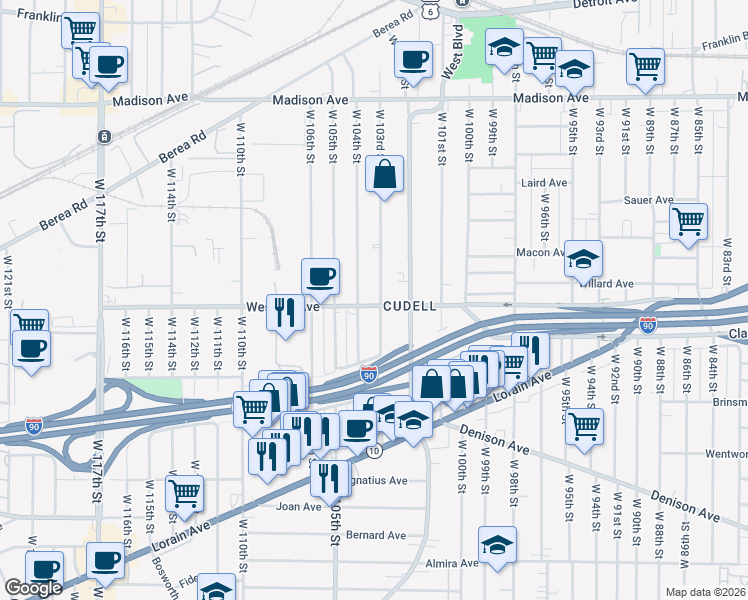 map of restaurants, bars, coffee shops, grocery stores, and more near 2235 West 104th Street in Cleveland