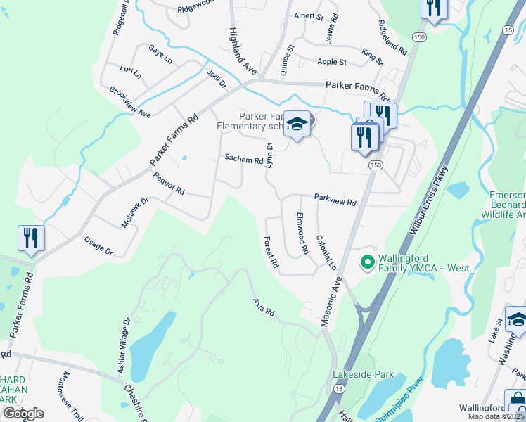 map of restaurants, bars, coffee shops, grocery stores, and more near 58 Forest Road in Wallingford