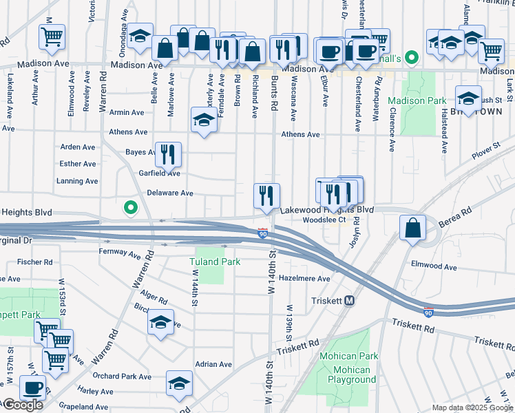 map of restaurants, bars, coffee shops, grocery stores, and more near 2233 Richland Avenue in Lakewood