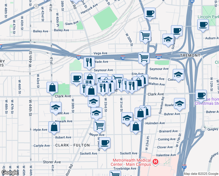 map of restaurants, bars, coffee shops, grocery stores, and more near 3223 Walton Avenue in Cleveland