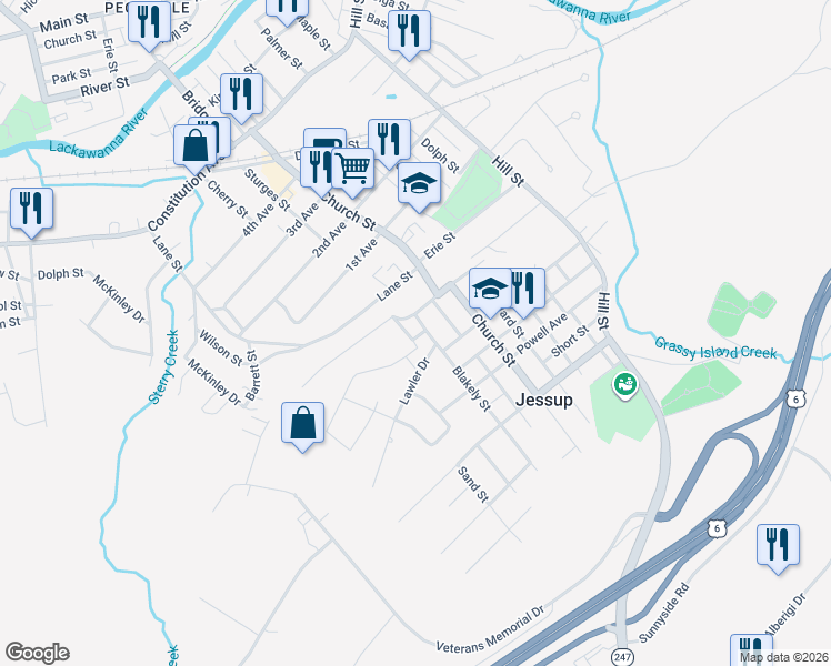 map of restaurants, bars, coffee shops, grocery stores, and more near 800 Lawler Dr in Jessup