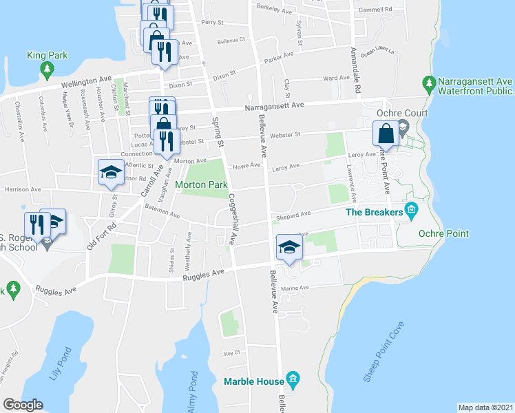 map of restaurants, bars, coffee shops, grocery stores, and more near 479 Bellevue Avenue in Newport