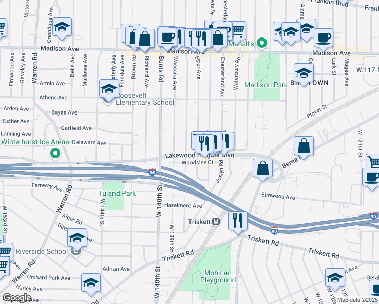 map of restaurants, bars, coffee shops, grocery stores, and more near 2231 Wyandotte Avenue in Lakewood