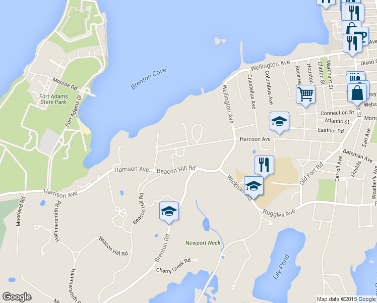 map of restaurants, bars, coffee shops, grocery stores, and more near 106 Harrison Avenue in Newport