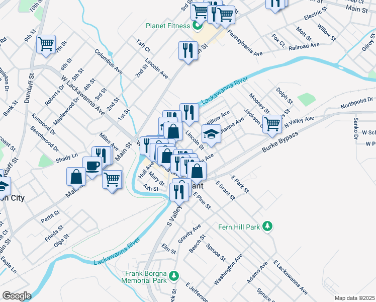 map of restaurants, bars, coffee shops, grocery stores, and more near 200 Grant Street in Olyphant