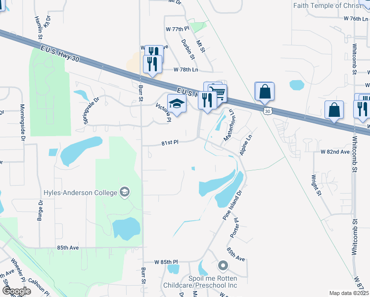 map of restaurants, bars, coffee shops, grocery stores, and more near 8167 Durbin Terrace in Crown Point