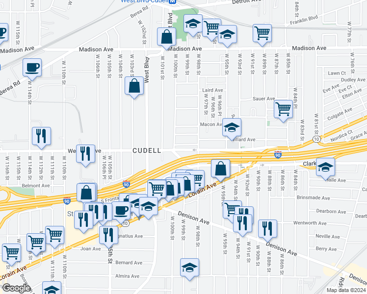 map of restaurants, bars, coffee shops, grocery stores, and more near 9907 Nicholas Avenue in Cleveland