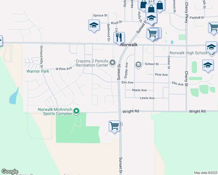 map of restaurants, bars, coffee shops, grocery stores, and more near 326 Elm Avenue in Norwalk