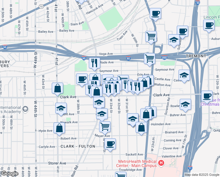 map of restaurants, bars, coffee shops, grocery stores, and more near 3409 Walton Avenue in Cleveland