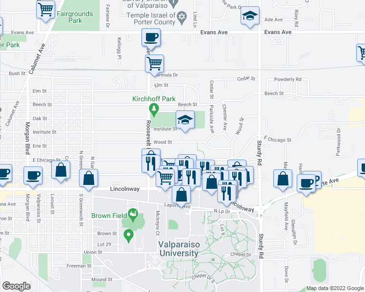map of restaurants, bars, coffee shops, grocery stores, and more near 1402 Wood Street in Valparaiso