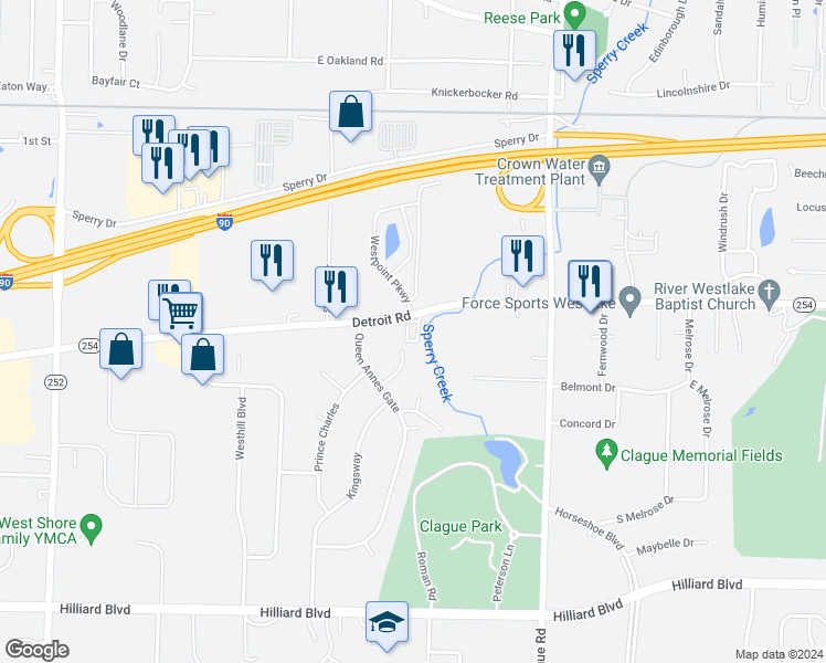 map of restaurants, bars, coffee shops, grocery stores, and more near 24165 Detroit Road in Westlake