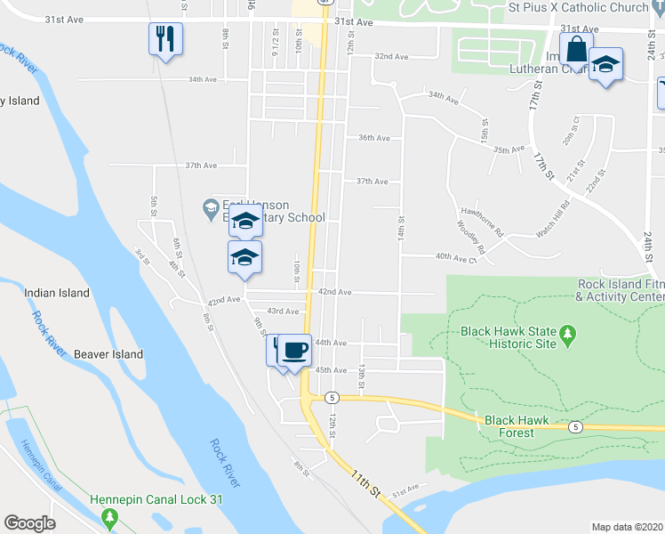map of restaurants, bars, coffee shops, grocery stores, and more near 3940 12th Street in Rock Island