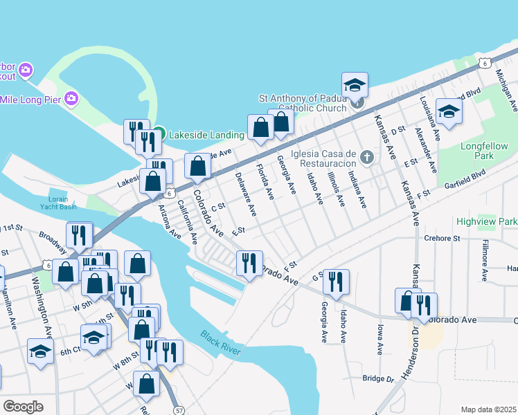 map of restaurants, bars, coffee shops, grocery stores, and more near 318 Delaware Avenue in Lorain