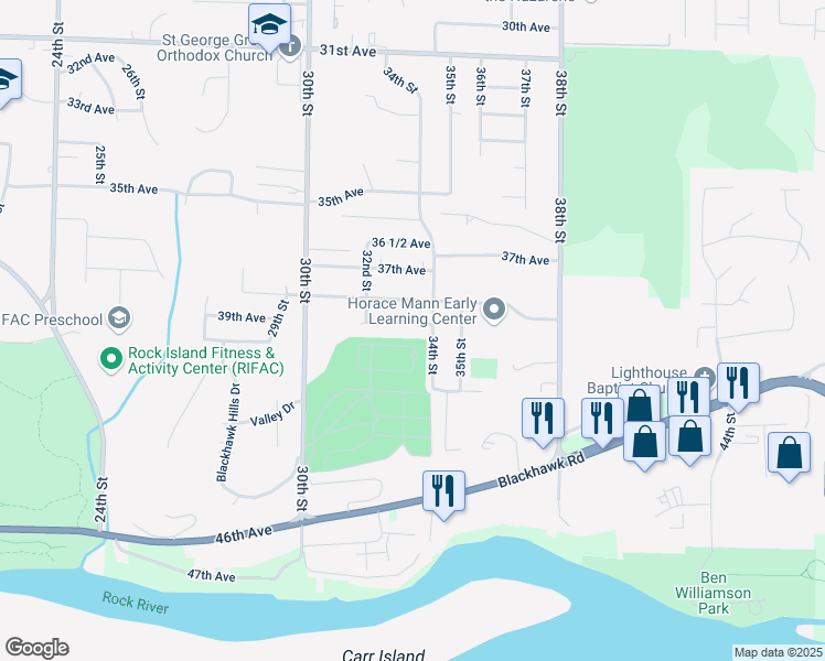map of restaurants, bars, coffee shops, grocery stores, and more near 3242 39th Avenue in Rock Island