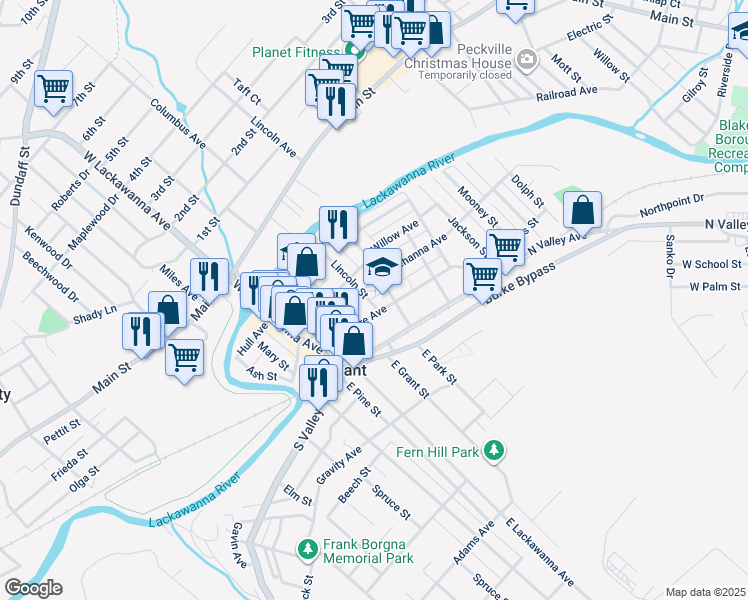 map of restaurants, bars, coffee shops, grocery stores, and more near 310 Lincoln Street in Olyphant