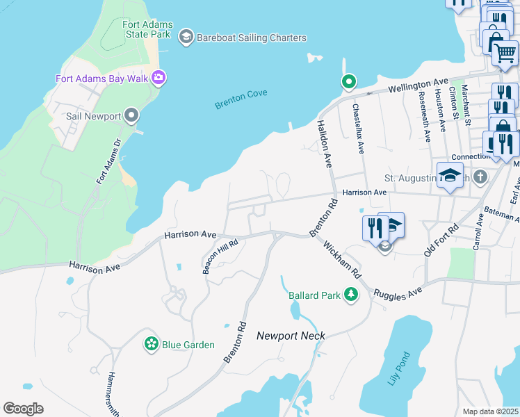 map of restaurants, bars, coffee shops, grocery stores, and more near 118 Harrison Avenue in Newport
