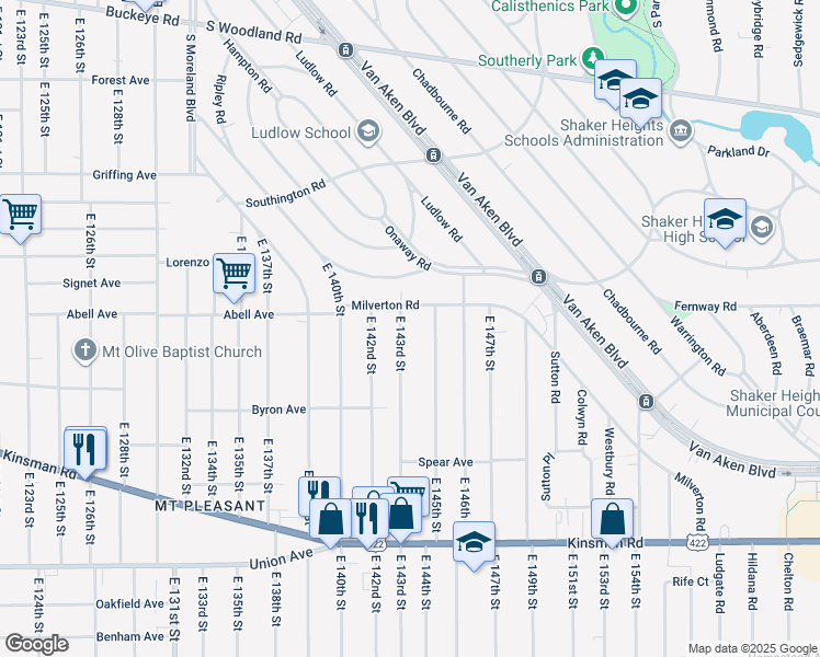 map of restaurants, bars, coffee shops, grocery stores, and more near 3277 East 143rd Street in Cleveland