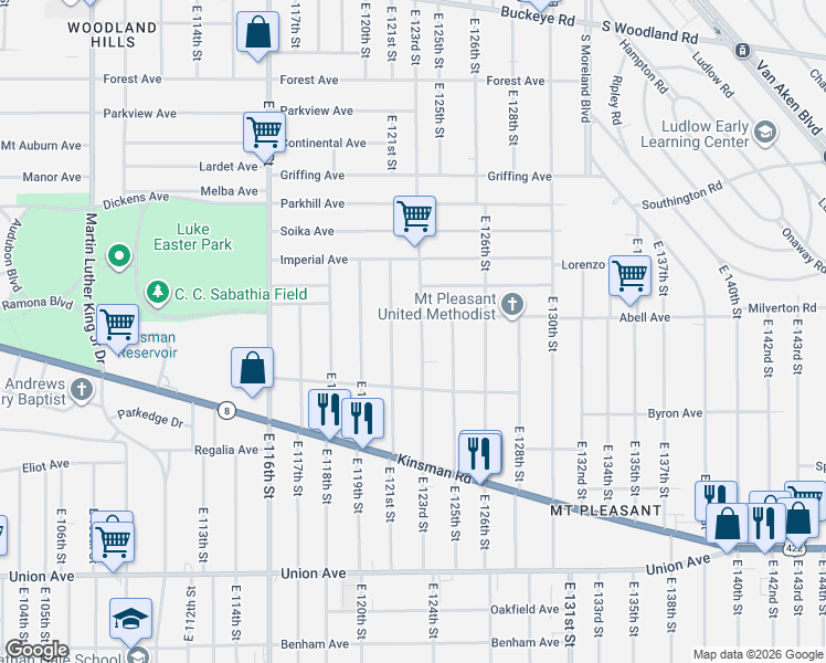 map of restaurants, bars, coffee shops, grocery stores, and more near 3242 East 123rd Street in Cleveland