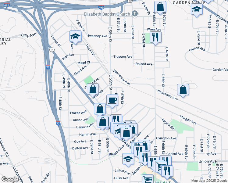 map of restaurants, bars, coffee shops, grocery stores, and more near 3215 East 55th Street in Cleveland