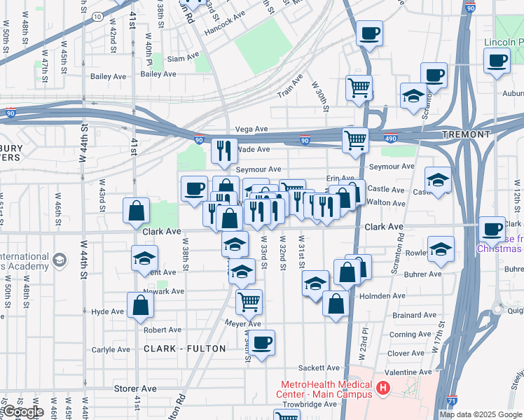 map of restaurants, bars, coffee shops, grocery stores, and more near 3223 Walton Avenue in Cleveland