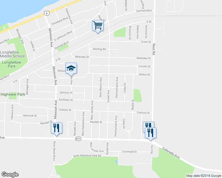 map of restaurants, bars, coffee shops, grocery stores, and more near 1313 Euclid Avenue in Lorain