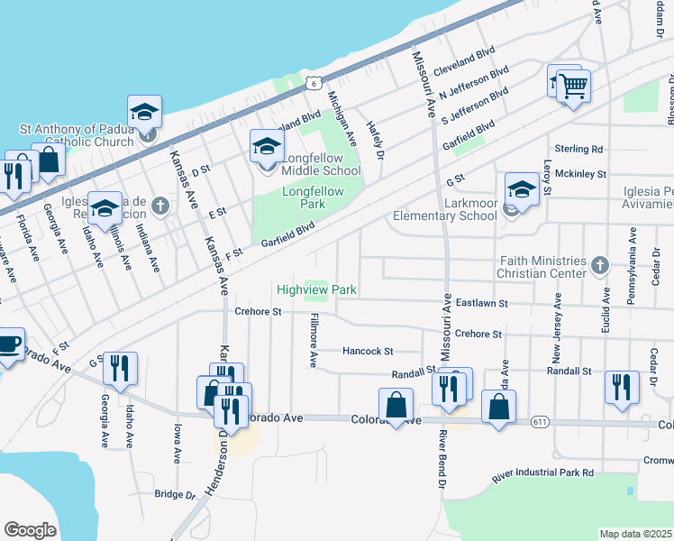 map of restaurants, bars, coffee shops, grocery stores, and more near 1324 Massachusetts Avenue in Lorain