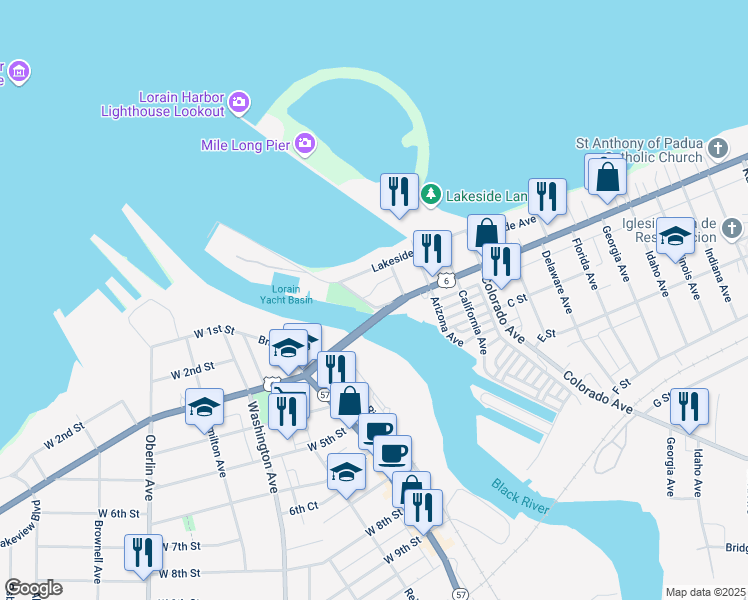 map of restaurants, bars, coffee shops, grocery stores, and more near 138 Alabama Avenue in Lorain