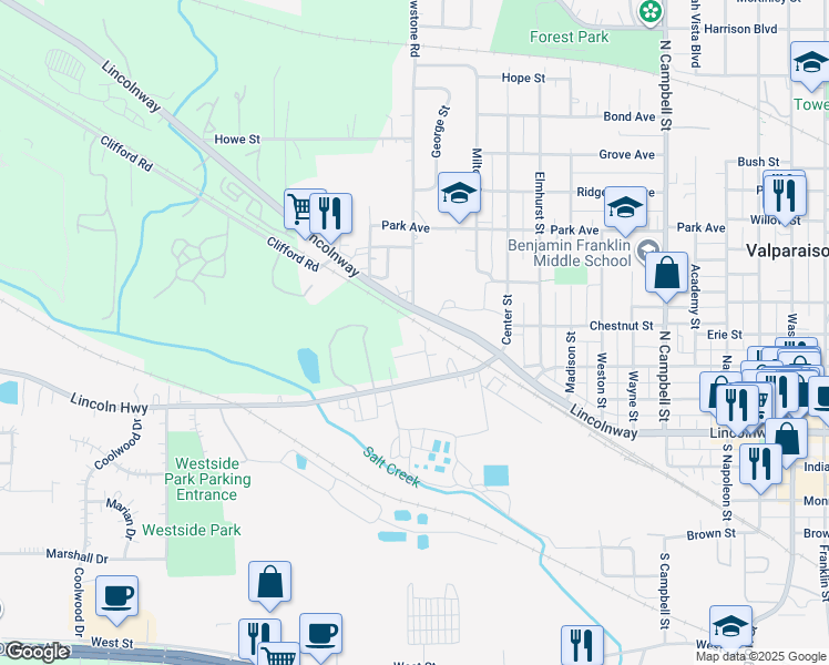 map of restaurants, bars, coffee shops, grocery stores, and more near 212 Logan Street in Valparaiso