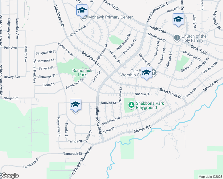 map of restaurants, bars, coffee shops, grocery stores, and more near 132 Iroquois Street in Park Forest
