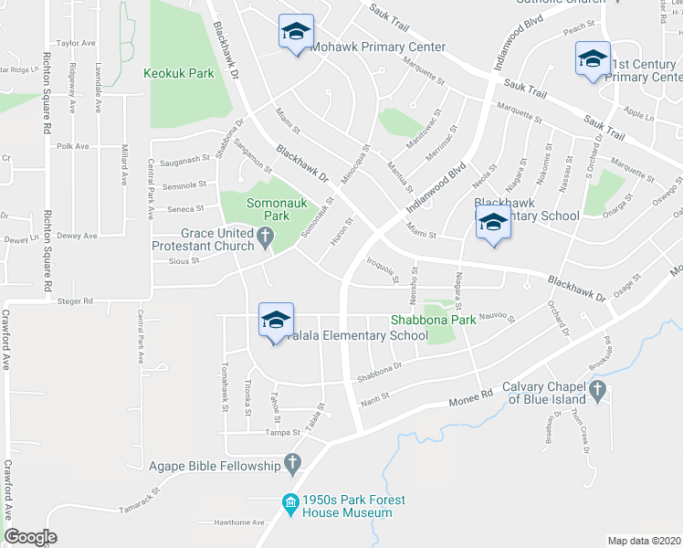 map of restaurants, bars, coffee shops, grocery stores, and more near 420 Indianwood Boulevard in Park Forest