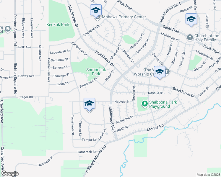 map of restaurants, bars, coffee shops, grocery stores, and more near 420 Indianwood Boulevard in Park Forest