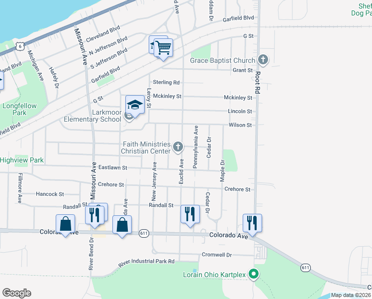 map of restaurants, bars, coffee shops, grocery stores, and more near 1313 Euclid Avenue in Lorain