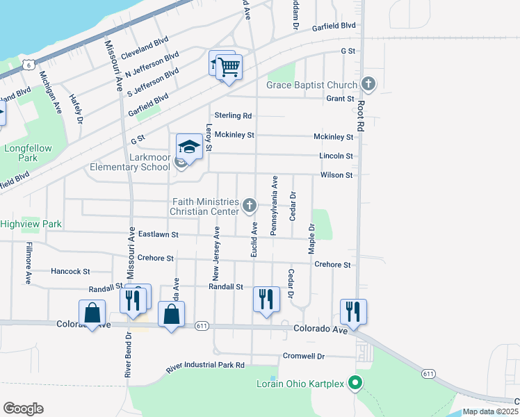 map of restaurants, bars, coffee shops, grocery stores, and more near 3012 Larkmoor Street in Lorain