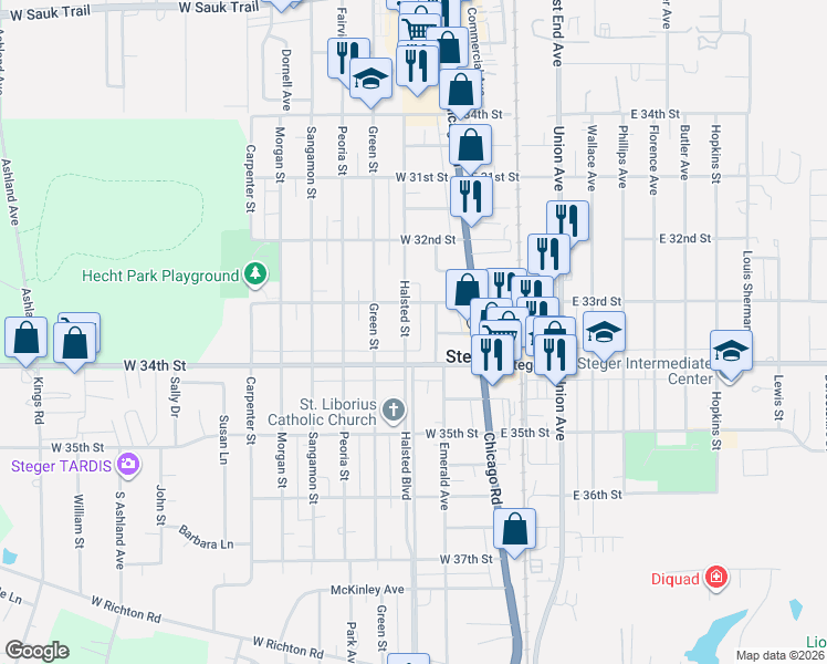 map of restaurants, bars, coffee shops, grocery stores, and more near 3325 Halsted Street in Steger