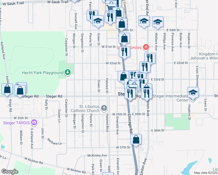 map of restaurants, bars, coffee shops, grocery stores, and more near 3323 Halsted Street in Steger